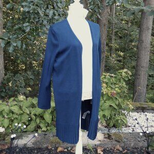 Chico’s Teal Peacock Blue Open Cardigan Sweater with Pleat Detail, NWT, size 2